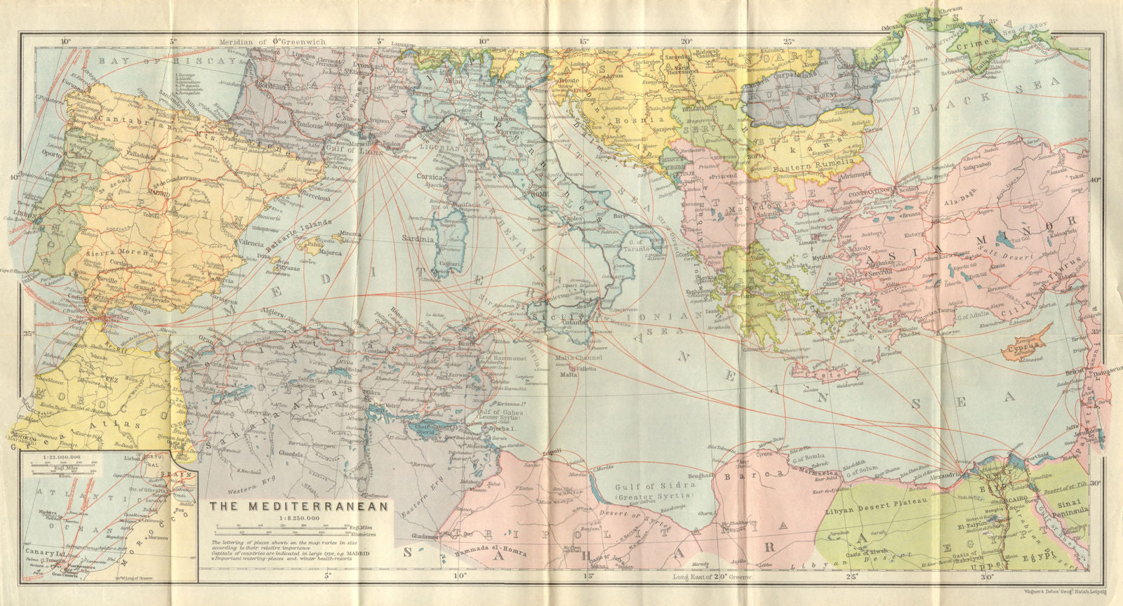 MEDITERRANEAN & BLACK SEAS showing steamship routes & railways 1911 old map